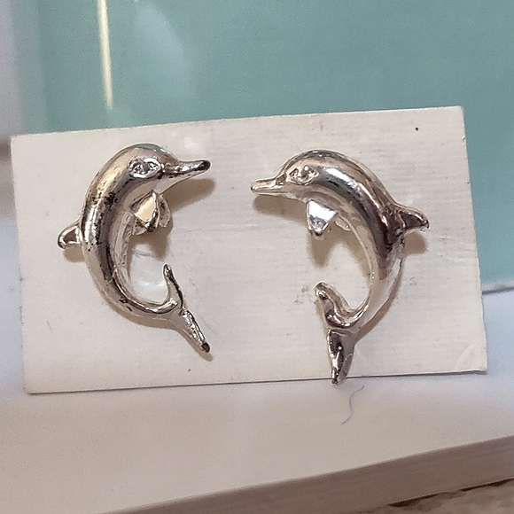 Silver Plated Dolphin Pierced Earrings - Picture 1 of 7